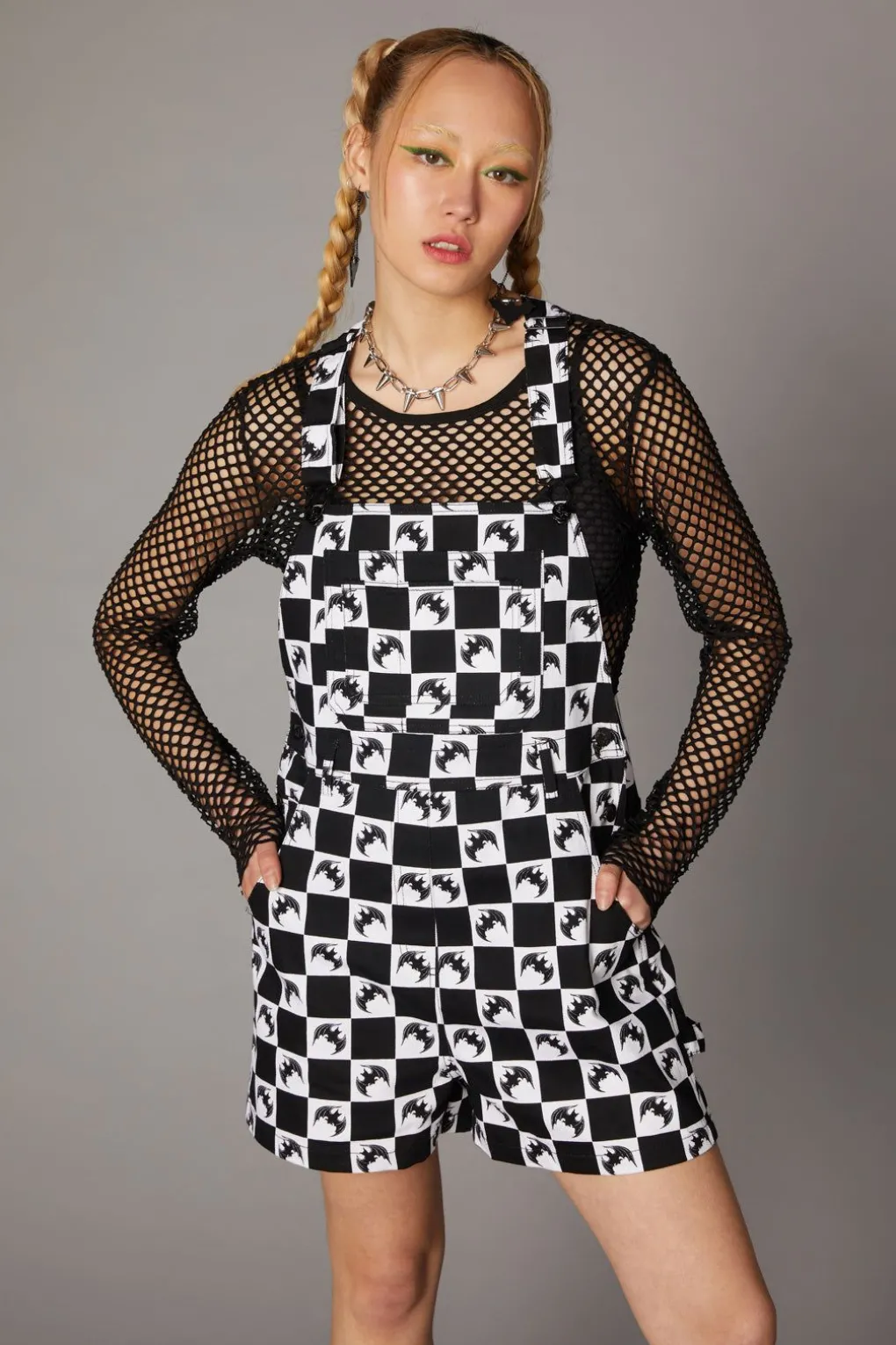 Bat Check Print Goth Overall