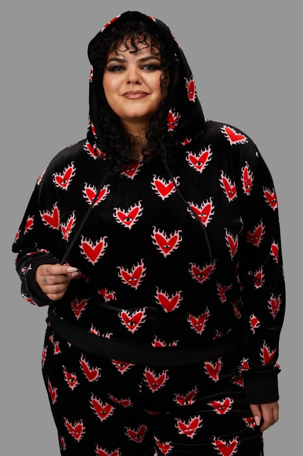 Curve Flamin Hearts Velour Hoodie