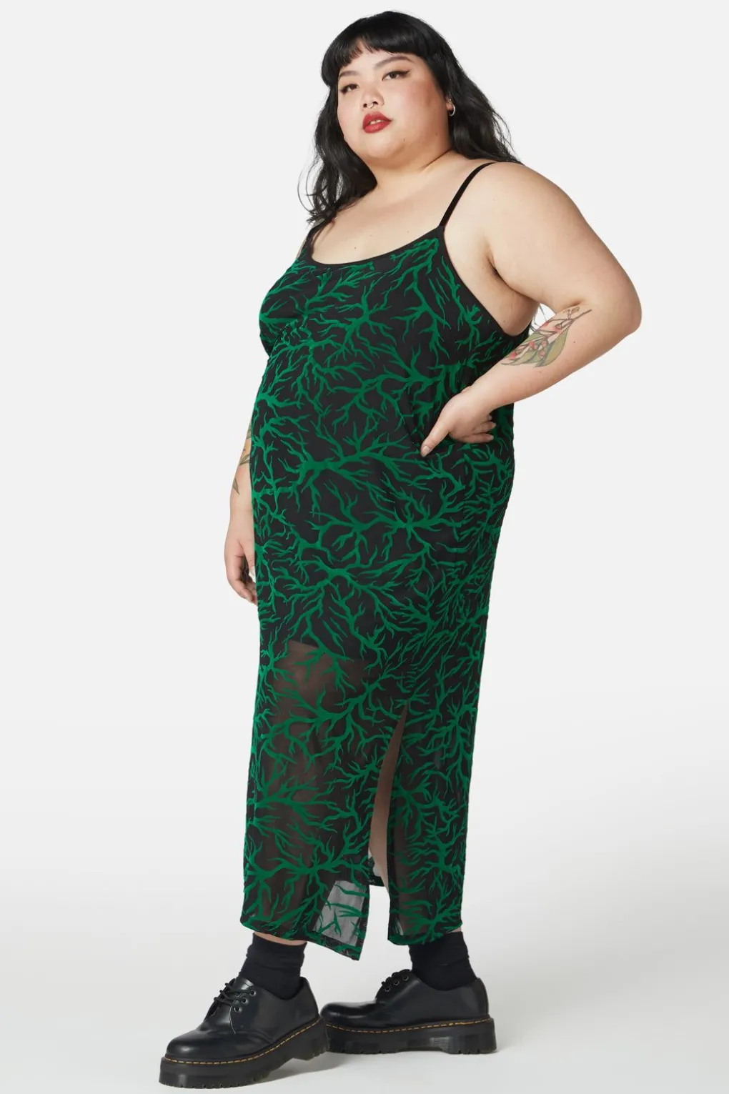 Curve Neglected Flocked Mesh Midi Dress