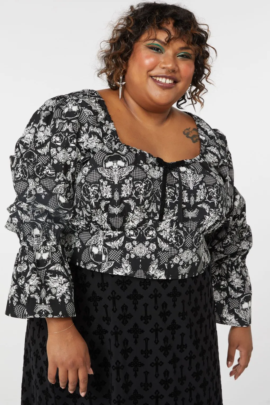Curve Romantic Skull Print Blouse